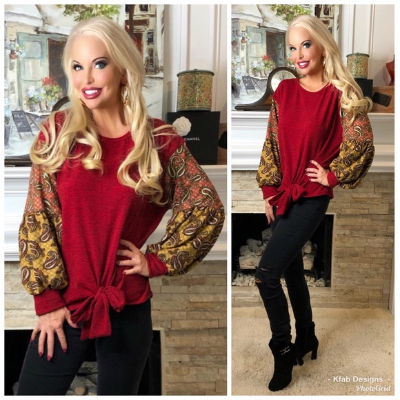 Tops - ❤️LAST! Brushed Fabric Bishop Sleeve Front Tie Top